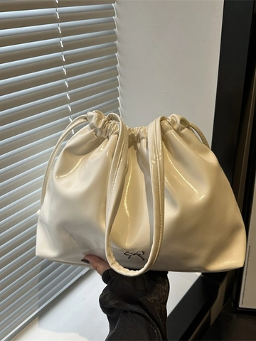 Women Large Capacity Glossy PU Leather Bucket Bag Pleated Drawstring Shoulder Tote Bag With Bowknot Decor Commute Handbag