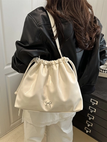 Women Large Capacity Glossy PU Leather Bucket Bag Pleated Drawstring Shoulder Tote Bag With Bowknot Decor Commute Handbag