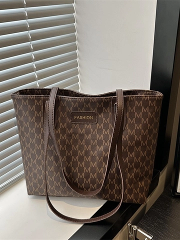 Große Tote Tasche Für Damen PU Leder Monogramm Buchstaben Druck Retro Trendige Pendler Schulter Handtasche