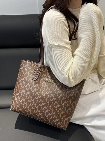 Große Tote Tasche Für Damen PU Leder Monogramm Buchstaben Druck Retro Trendige Pendler Schulter Handtasche