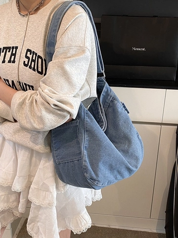 Borsa a Tracolla in Denim Grande Capacità Hobo Bag per Donna Vintage Tela Tracolla Casual Quotidiano Tote Bag