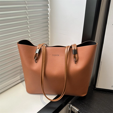 Large PU Leather Tote Bag For Women Minimalist Commuter Shoulder Bag Soft Texture Zipper Shopping Bag Solid Color Handbag