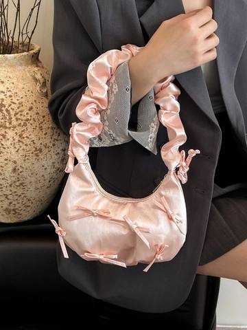 Französische Vintage Satin Unterarmtasche Für Damen Mit Schleifen Und Rüschengriff Sichel Schultertasche Party Handtasche