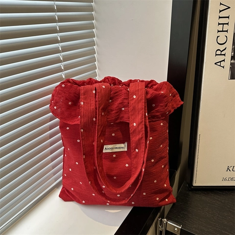 Dames Verse Zoete Bloemen Tote Bag Grote Capaciteit Seersucker Stof Schoudertas Met Ruffle Rand Voor School Dagelijks Woonwerkverkeer