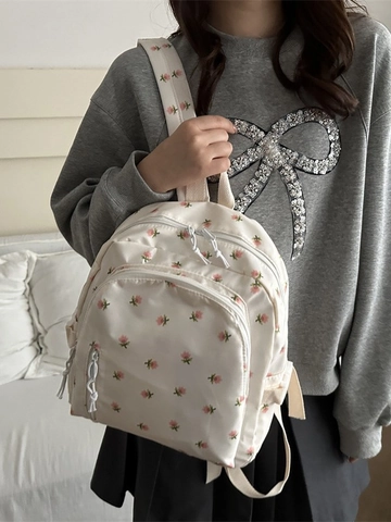 Women Girls Casual Floral Printed Nylon Backpack Korean Fashion Mini Schoolbag For Travel School Daypack Small Backpack