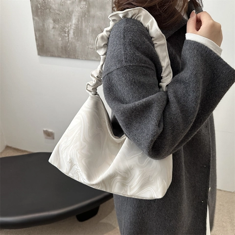 Borsa Sottobraccio Da Donna Con Motivo Marmorizzato Tracolla Arricciata Pelle PU Grande Capacità Casual Studente Hobo Trendy