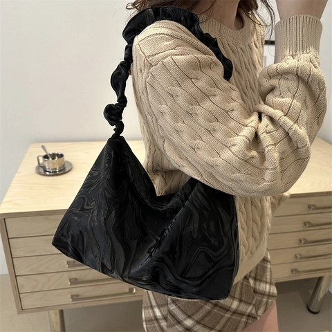 Borsa Tote da Donna Grande Capacità Stampa Marmo Tracolla Arricciata Minimalista Urbano in Pelle PU Borsa a Tracolla