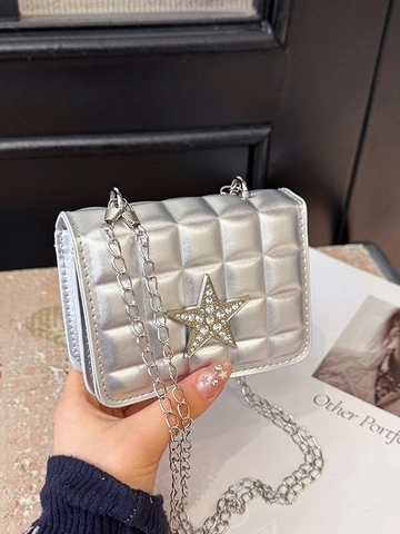 Mini Crossbody Bag PU Leather Quilted Rhombic Pattern Metal Chain Rhinestone Star Decor Trendy Small Square Purse Women