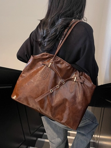 Retro Glossy PU Leather Tote Bag Large Capacity Minimalist Commuting Shoulder Bag With Decorative Belt For Women