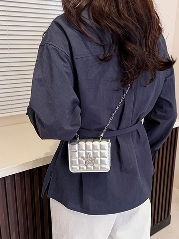 Mini Crossbody Bag PU Leather Quilted Rhombic Pattern Metal Chain Rhinestone Star Decor Trendy Small Square Purse Women