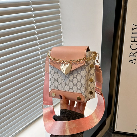 Fashion Women Monogram Letter M PU Leather Shoulder Bag With Heart Metal Lock Gold Chain Small Crossbody Phone Bag