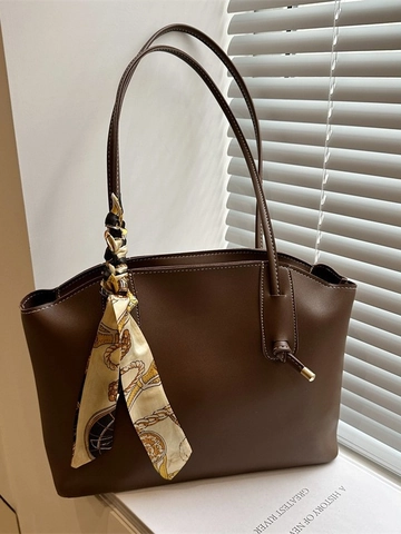 Women Large Capacity Tote Bag PU Leather Retro Minimalist Commute Shoulder Bag With Decorative Satin Scarf