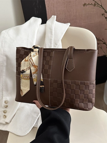 Sac Cabas Patchwork à Damiers Décontracté pour Femmes Sac à Bandoulière Avec Décoration Foulard en Satin Sac à Main