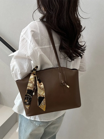Women Large Capacity Tote Bag PU Leather Retro Minimalist Commute Shoulder Bag With Decorative Satin Scarf
