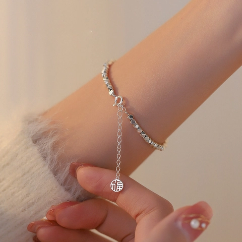Bracciale Di Perle In Rame Placcato Argento Minimalista Con Ciondolo Benedizione Fu Perle Sfaccettate Irregolari
