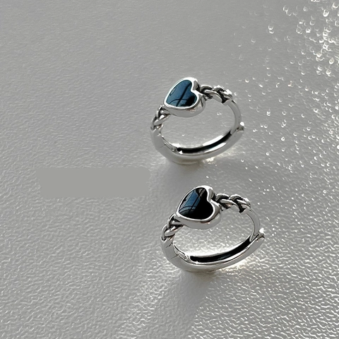 Vintage Schwarze Herz Creolen Mit 925 Sterlingsilber Stift Gedrehte Seilstruktur Emaille Schmuck Für Damen
