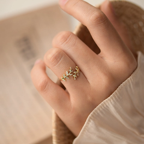 Adjustable Leaf Ring Copper Micro Inlaid Zircon Olive Branch Design Elegant Jewelry For Women