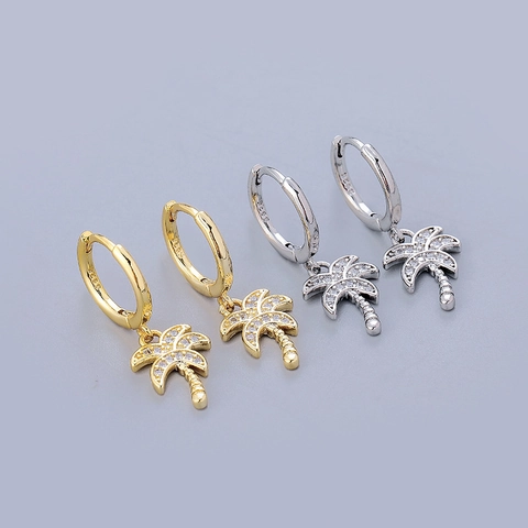 Palm Tree Dangle Hoop Earrings With Cubic Zirconia Tropical Style 925 Sterling Silver Earring Post Brass For Women