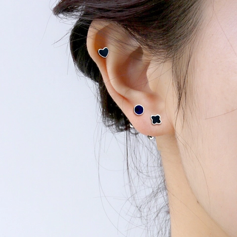 Minimalist Tiny Stud Earrings Copper Black Enamel Heart Round And Clover Geometric Jewelry For Women Screw Back Ball
