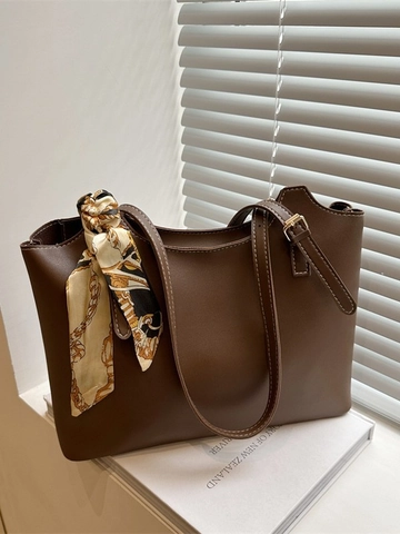Minimalist Women Tote Bag PU Leather Large Capacity Commuting Underarm Shoulder Bag Decorative Satin Scarf Casual Elegant Handbag