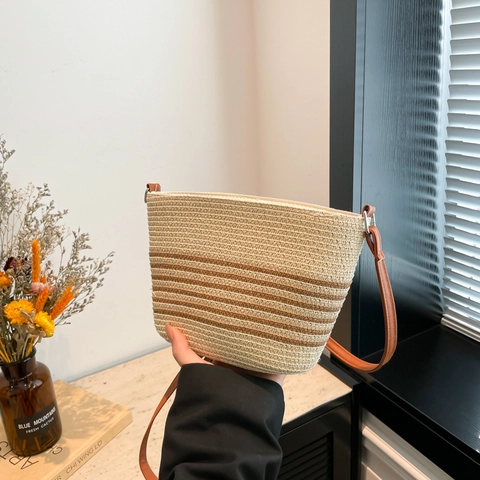 Damen Strohgeflecht Gestreifte Eimertasche Mit Verstellbarem Schultergurt Sommer Strand Urlaub Lässige Umhängetasche Schultertasche
