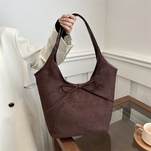 Women Retro Faux Suede Tote Bag Large Capacity Minimalist Shoulder Bag With Bow Decoration Solid Color Commute Handbag