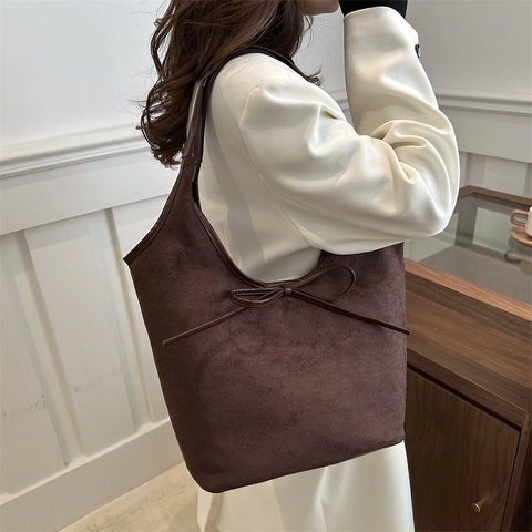 Women Matte Suede Finish PU Leather Tote Bag Large Capacity Shoulder Underarm Bag With Bow Decor French Simple
