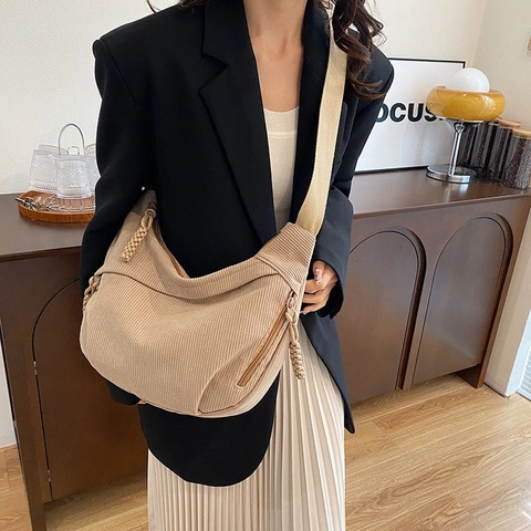 Borsa A Tracolla In Velluto A Coste Grande Capacità Mezzaluna Hobo Stile Giapponese Casual Vintage Borsa A Spalla Donna