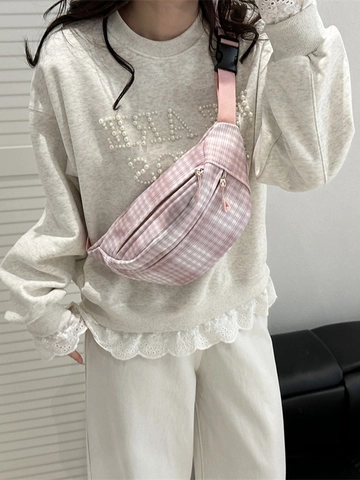 Women Japanese Style Plaid Canvas Waist Bag Fresh Sweet Chest Bag Lightweight Adjustable Crossbody Shoulder Bag Casual Travel Fanny Pack