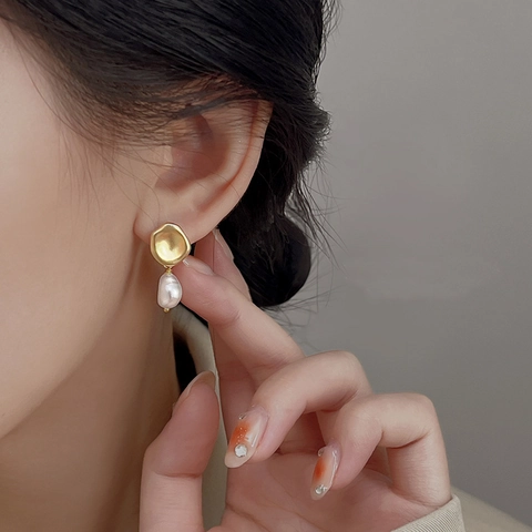 French Vintage Artificial Baroque Pearl Drop Earrings Irregular Round Disc Copper With Stainless Steel Earring Post