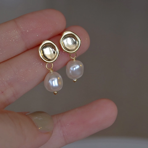French Vintage Artificial Baroque Pearl Drop Earrings Irregular Round Disc Copper With Stainless Steel Earring Post