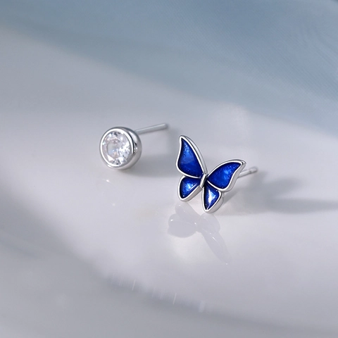 Orecchini Asimmetrici Farfalla Blu Zircone Tondo Con Perno In Argento Gioielli Eleganti Stile Coreano Per Donne