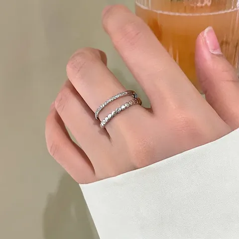Zweischichtiger Zirkon Offener Ring Kupfer Plattiert Verstellbar Geometrischer Minimalistischer Stil Damen Schmuck