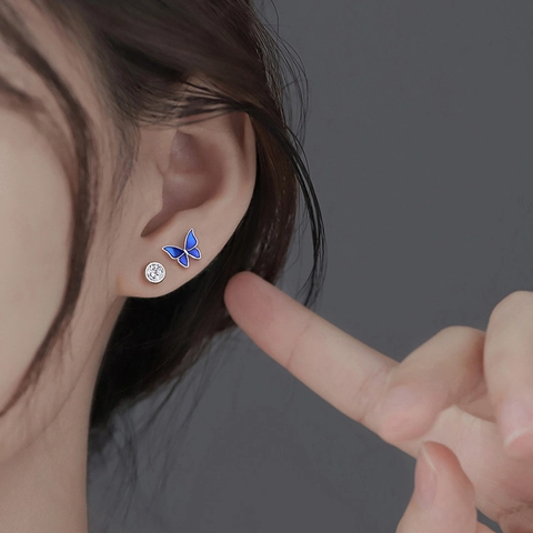 Orecchini Asimmetrici Farfalla Blu Zircone Tondo Con Perno In Argento Gioielli Eleganti Stile Coreano Per Donne