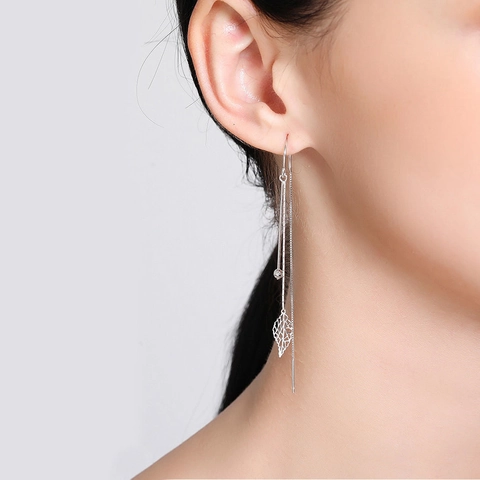 Elegant Hollow Leaf Tassel Ear Line Earrings Long Chain With 925 Sterling Silver Earring Post Minimalist Jewelry
