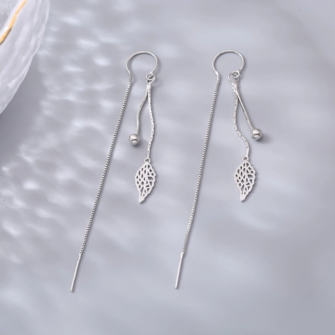 Elegant Hollow Leaf Tassel Ear Line Earrings Long Chain With 925 Sterling Silver Earring Post Minimalist Jewelry