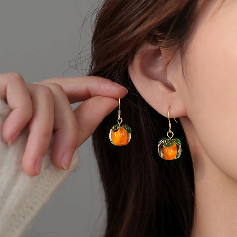 Persimmon Frucht Ohrhänger Kupfer Mit Silberstecker Orange Glas Harz Blatt Vintage Süß Für Frauen