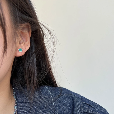 Small Enamel Flower Stud Earrings With Silver Earring Post Copper Base Screw Back Ball Closure Fresh Style For Women