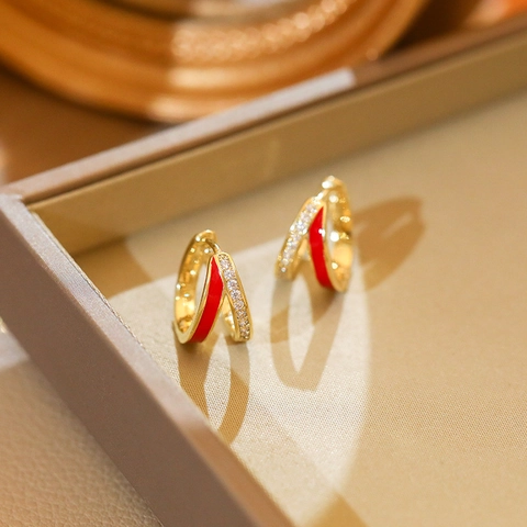 Double Layer Cross Hoop Earrings Copper Gold Plated Zircon Enamel Geometric Fashion Lightweight Jewelry Women