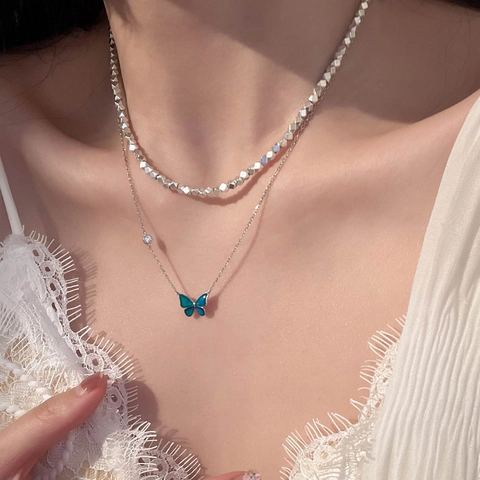 Collar Con Colgante De Mariposa Doble Capa Cambio De Color Por Temperatura Cobre Plateado Diamantes De Imitación Mujer