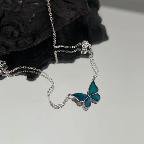 Collar Con Colgante De Mariposa Doble Capa Cambio De Color Por Temperatura Cobre Plateado Diamantes De Imitación Mujer