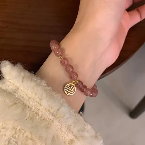 Pulsera De Cuentas De Cuarzo Fresa Rosa Con Colgante De Cobre Hueco Suerte Bendición Para Mujeres Joyería Dulce