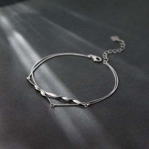 925 Sterling Silver Mobius Double Layer Bracelet For Women Minimalist Twisted Bar Box Chain Heart Charm Adjustable