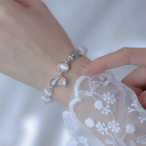 Pulsera De Cuentas De Piedra Ojo De Gato Elegante Con Labradorita Cobre Color Plata Colgante Esfera Hueca Para Mujeres