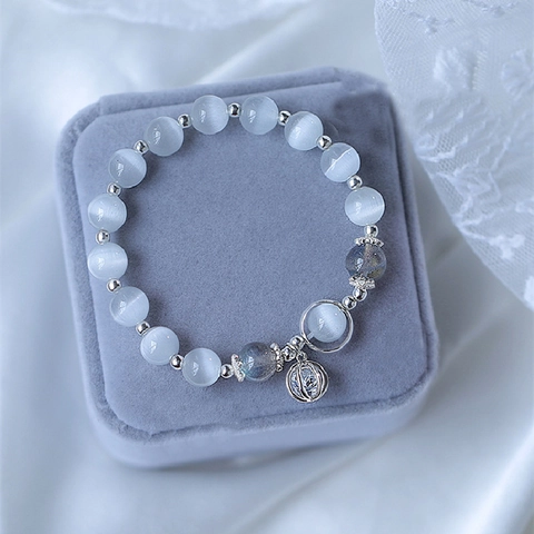 Pulsera De Cuentas De Piedra Ojo De Gato Elegante Con Labradorita Cobre Color Plata Colgante Esfera Hueca Para Mujeres