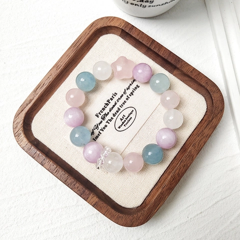Natural Crystal Beaded Bracelet Multi Gemstone Kunzite Rose Quartz Aquamarine Star Bead Handmade Jewelry For Women