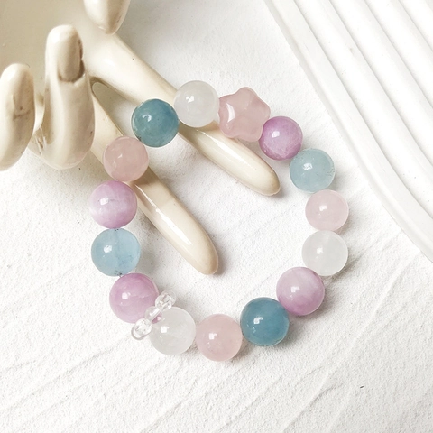 Natural Crystal Beaded Bracelet Multi Gemstone Kunzite Rose Quartz Aquamarine Star Bead Handmade Jewelry For Women