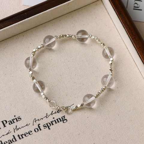 Natural White Crystal Bracelet Round Beads Faceted 925 Sterling Silver Spacer Minimalist Elegant Jewelry For Women Men
