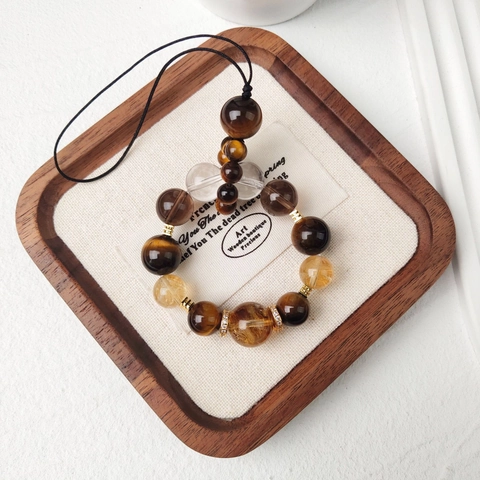 Natural Citrine Tiger Eye White Crystal Beaded Phone Charm Handmade Gemstone Mobile Strap Keychain Rhinestone Spacers