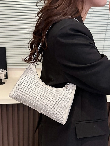Dames Mode Strass Schoudertas Y2K Hobo Tas PU Leer Suède Tas Glimmende Diamant Banket Feest Handtas Voor Dames
